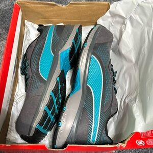 Brand new in box, never worn. Aqua and gray puma shoes.